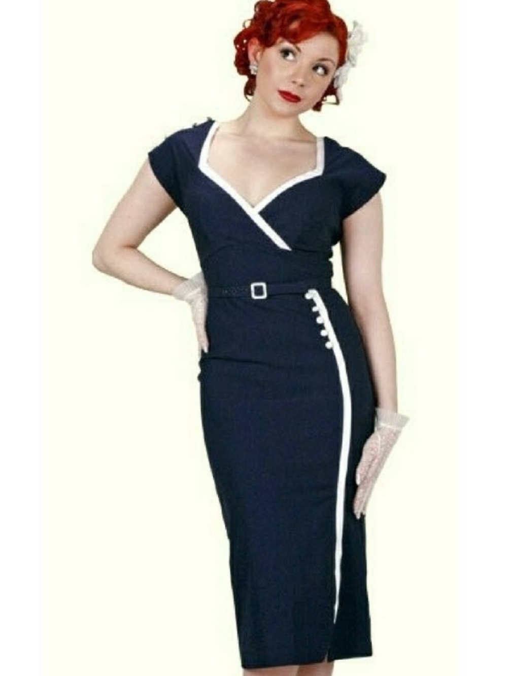 Stop Staring Sydney Wiggle Pencil Midi Pin Up Dress in Navy